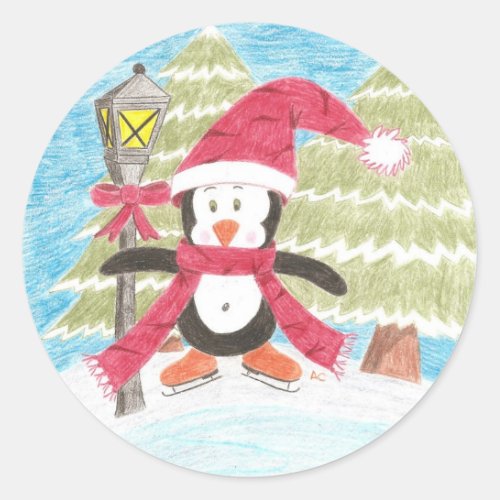 Ice skating penguin classic round sticker