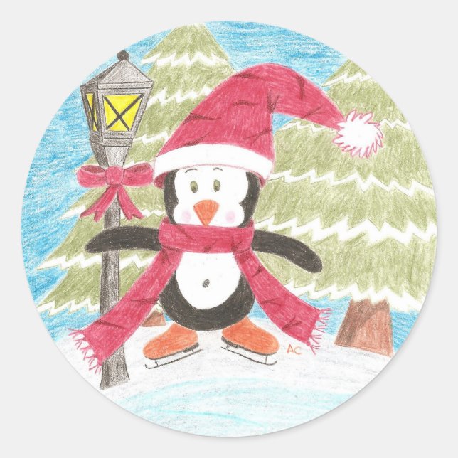 Ice skating penguin classic round sticker (Front)
