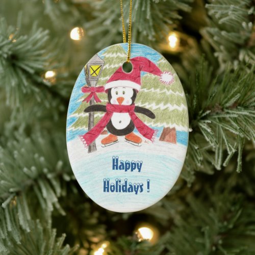 Ice skating penguin, Happy Holidays ! Ceramic Ornament