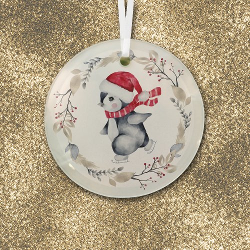 Ice Skating Penguin in Winter Wreath Glass Ornament
