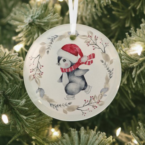 Ice Skating Penguin in Winter Wreath Glass Ornament