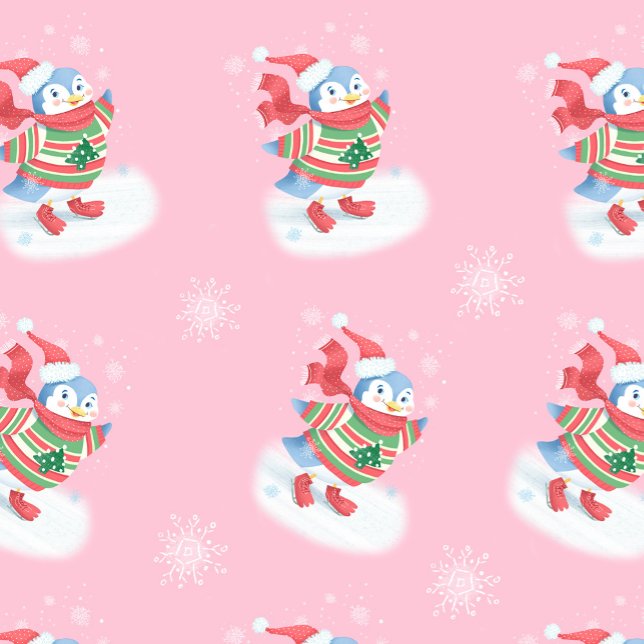  Ice Skating Penguin Pink Wrapping Paper (Creator Uploaded)