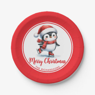 Ice Skating Penguin White Red Merry Christmas Paper Plates