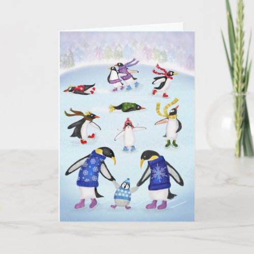 Ice skating penguins Christmas card