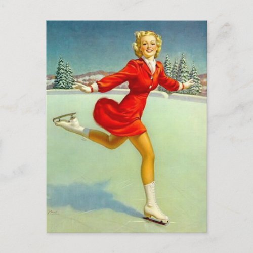 Ice skating pin up girl vintage art  postcard