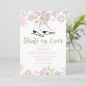 Ice Skating Pink Gold Glitter Snowflakes Birthday Invitation (Standing Front)