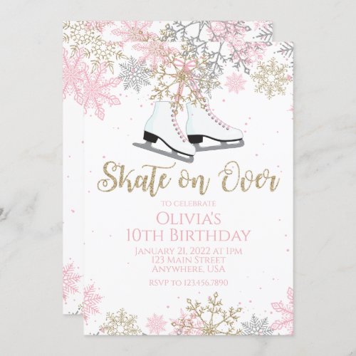 Ice Skating Pink Gold Glitter Snowflakes Birthday Invitation