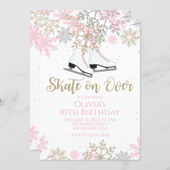 Ice Skating Pink Gold Glitter Snowflakes Birthday Invitation (Front/Back)