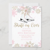 Ice Skating Pink Gold Glitter Snowflakes Birthday Invitation (Front)