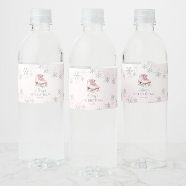 Ice Skating Pink Silver Glitter Snowflake Birthday Water Bottle Label (Bottles)