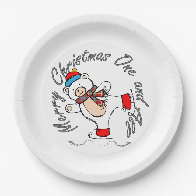 Ice Skating Polar Bear Christmas Paper Plates (Front)
