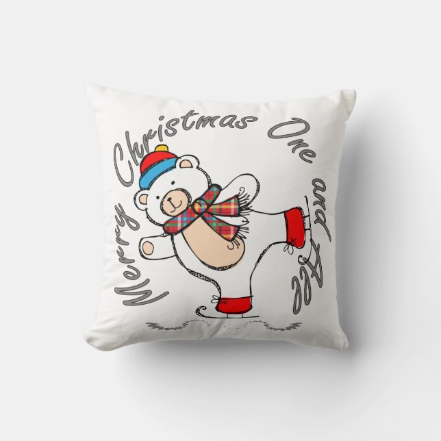 Ice Skating Polar Bear Christmas Throw Pillow (Front)