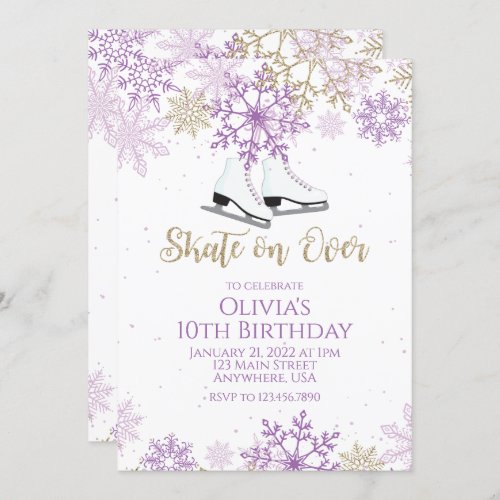 Ice Skating Purple and Gold Snowflakes Birthday Invitation