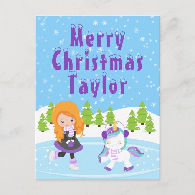 Ice Skating Red Hair Girl Merry Christmas Holiday  (Front)