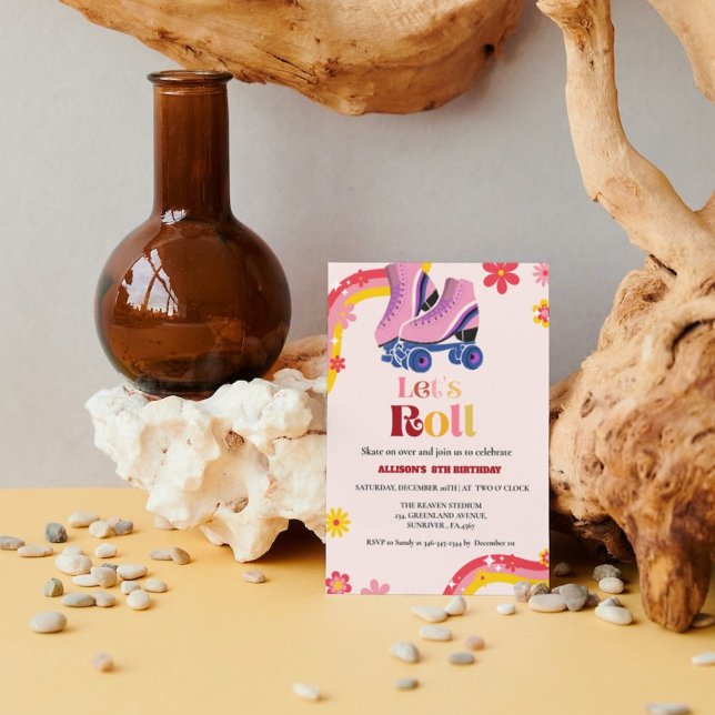 Ice Skating Retro groovy Birthday let's roll Girls Announcement (Creator Uploaded)