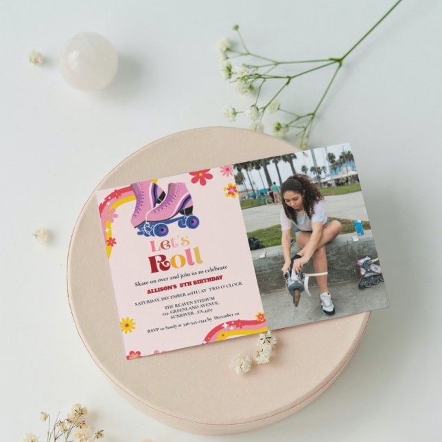 Ice Skating Retro groovy Birthday let's roll Girls Announcement (Creator Uploaded)