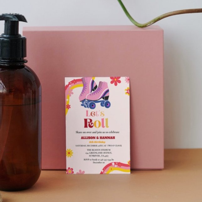 Ice Skating Retro groovy Twin Birthday let's roll Announcement (Creator Uploaded)