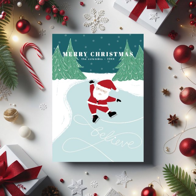 Ice-Skating Santa- Non-Photo Flat Holiday Card (Flat Christmas card with Santa ice-skating on a lake. Illustrated by Clearlytangled Studio.)
