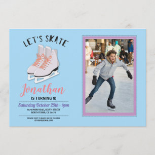 Ice-Skating Skate Blue Photo Birthday Party Invite