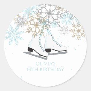 Ice Skating Snowflakes blue and gold Classic Round Sticker