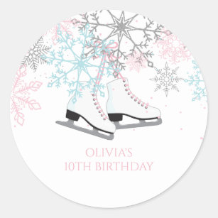 Ice Skating Snowflakes Pink blue silver glitter Classic Round Sticker