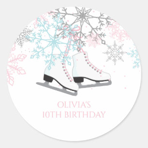 Ice Skating Snowflakes Pink blue silver glitter Classic Round Sticker