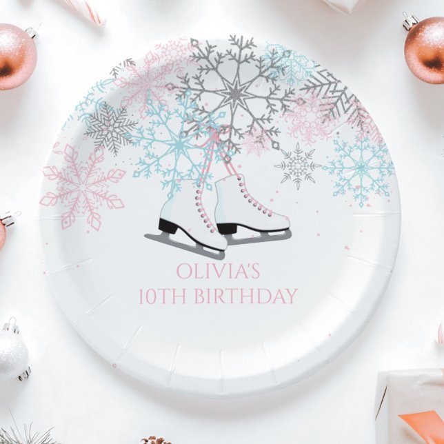 Ice Skating Snowflakes Pink blue silver glitter Pa Paper Plates (Creator Uploaded)