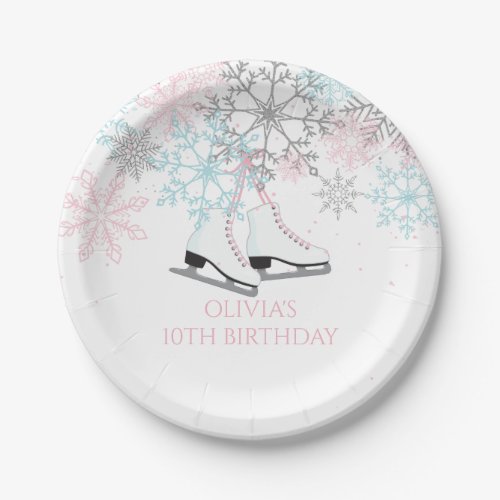 Ice Skating Snowflakes Pink blue silver glitter Pa Paper Plates