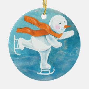 Ice Skating Snowman Ceramic Ornament