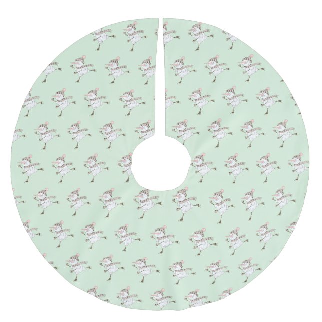 Ice Skating Snowmen Green  Brushed Polyester Tree Skirt (Front)