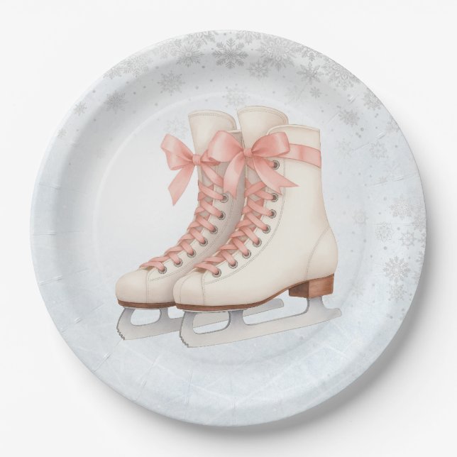 Ice Skating Teen Birthday Pink Bow Paper Plates (Front)