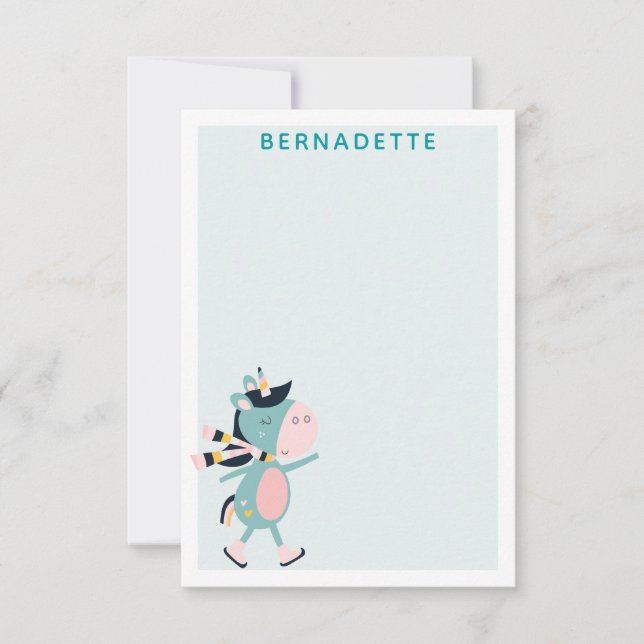 Ice Skating Unicorn Teal Pink Personalized Note Card (Front)