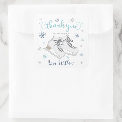 Ice Skating Winter Blue Birthday Thank You Favor Square Sticker