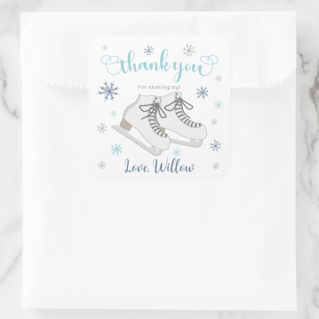 Ice Skating Winter, Blue Birthday Thank You Favor Square Sticker (Bag)