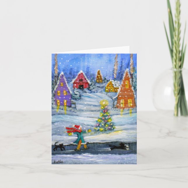 'Ice Slider' winter holiday card with cats. (Front)