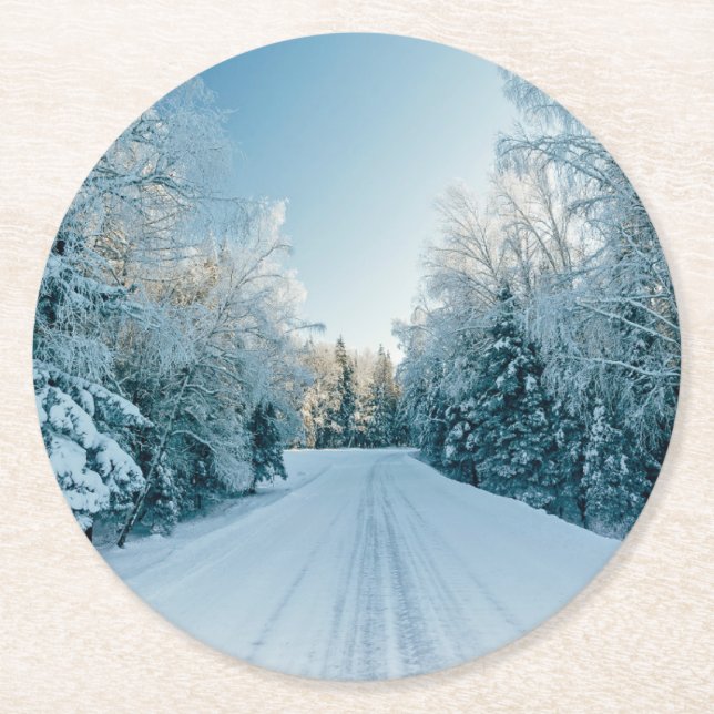Ice & Snow | Frozen Winter Road Russia, Siberia Round Paper Coaster (Front)