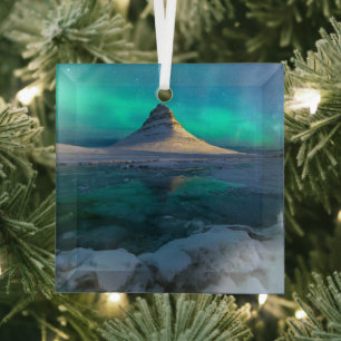 Ice & Snow Kirkjufell Mountain, Iceland Glass Ornament
