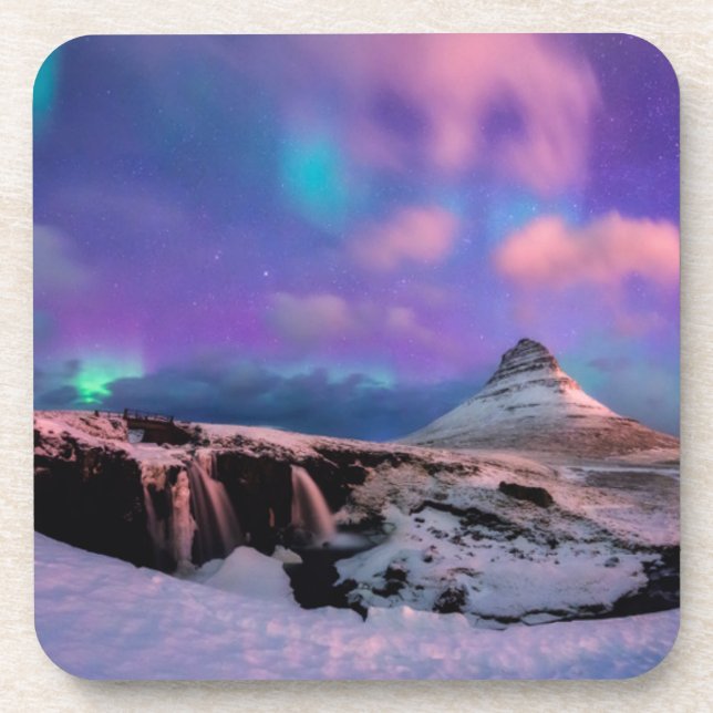 Ice & Snow | Northern Lights,  Kirkjufell Mountain Beverage Coaster (Front)