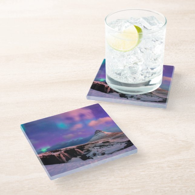 Ice & Snow | Northern Lights,  Kirkjufell Mountain Glass Coaster (Angled)