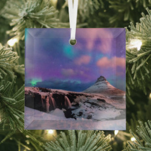 Ice & Snow Northern Lights, Kirkjufell Mountain Glass Ornament