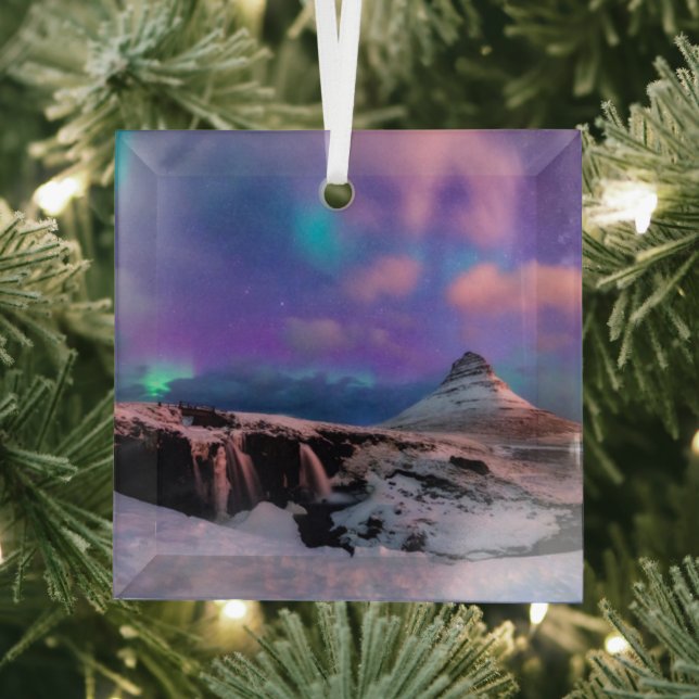 Ice & Snow | Northern Lights,  Kirkjufell Mountain Glass Ornament (Insitu)