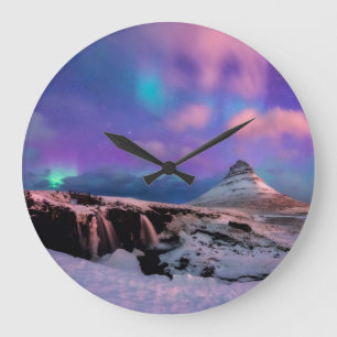 Ice & Snow   Northern Lights,  Kirkjufell Mountain Large Clock