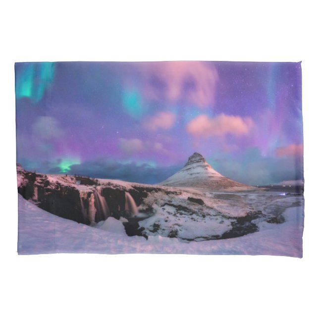 Ice & Snow | Northern Lights,  Kirkjufell Mountain Pillow Case (Front)