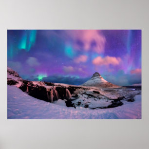 Ice & Snow Northern Lights, Kirkjufell Mountain Poster