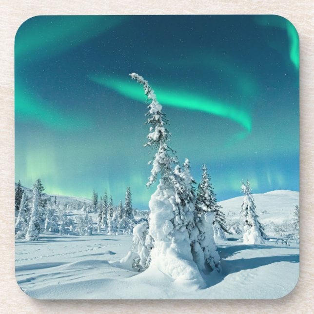 Ice & Snow | Northern Lights, Lapland, Finland Beverage Coaster (Front)