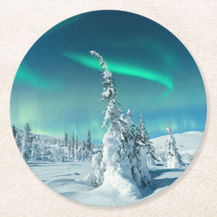 Ice & Snow Northern Lights, Lapland, Finland Round Paper Coaster