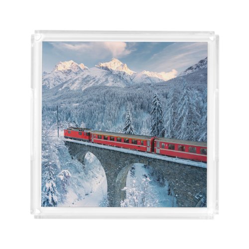 Ice  Snow  Red Bernina Express Train Switzerland Acrylic Tray