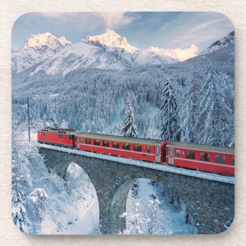 Ice  Snow  Red Bernina Express Train Switzerland Beverage Coaster