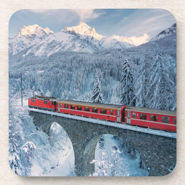 Ice & Snow | Red Bernina Express Train Switzerland Beverage Coaster (Front)