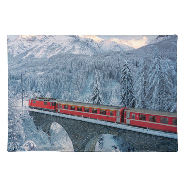 Ice & Snow | Red Bernina Express Train Switzerland Cloth Placemat (Front)